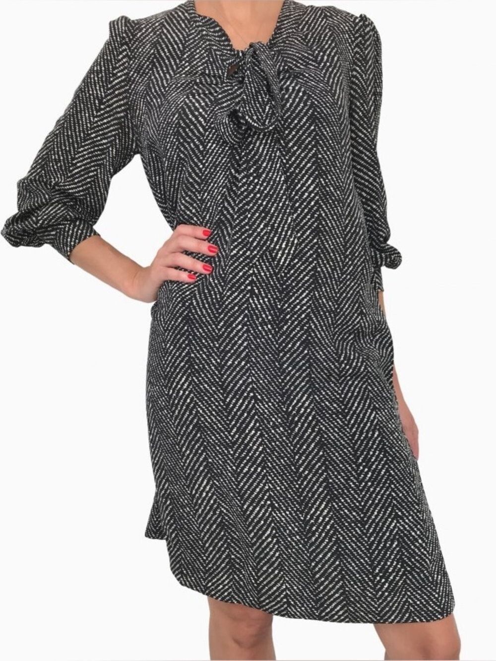 KATE SPADE 100% SILK HERRINGBONE TIE FRONT DRESS